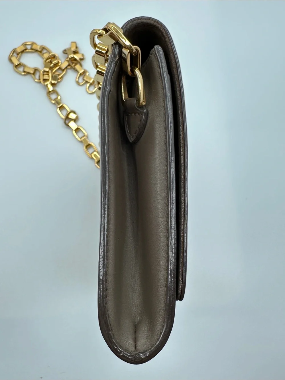 Louis Vuitton Louise Chain Wallet Smooth Calfskin Leather Taupe Brown Gold